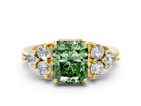 Yellow gold Fancy Green Radiant Cut Brilliant Diamond Cluster Accent Solitaire Ring with Prong Setting
