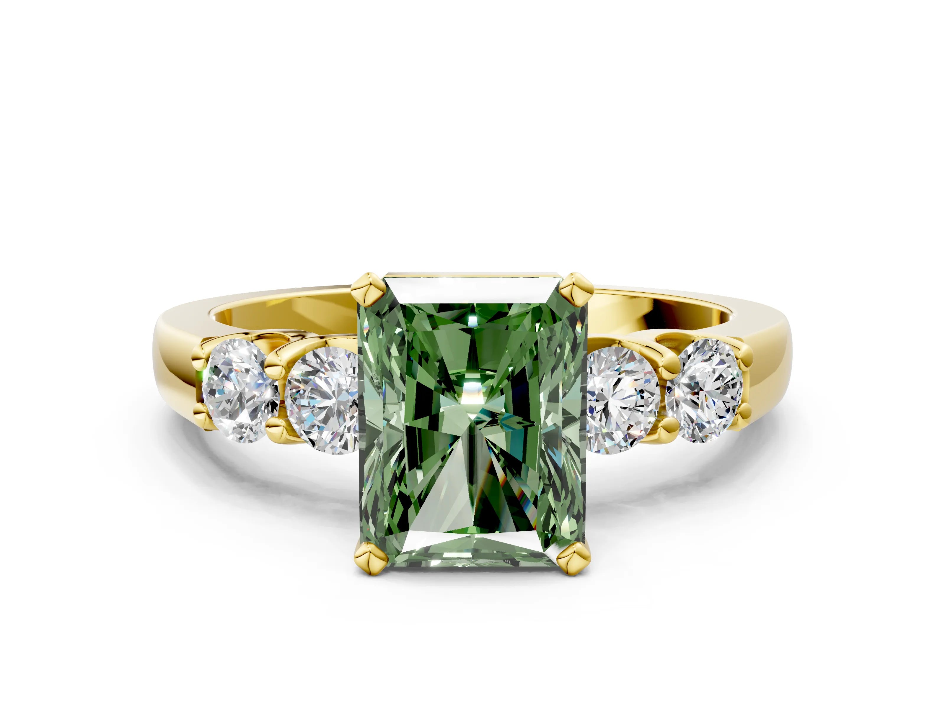 Yellow gold Fancy Green Radiant Cut Brilliant Diamond Five-Stone Engagement Ring with Prong Setting on a Classic Band_3