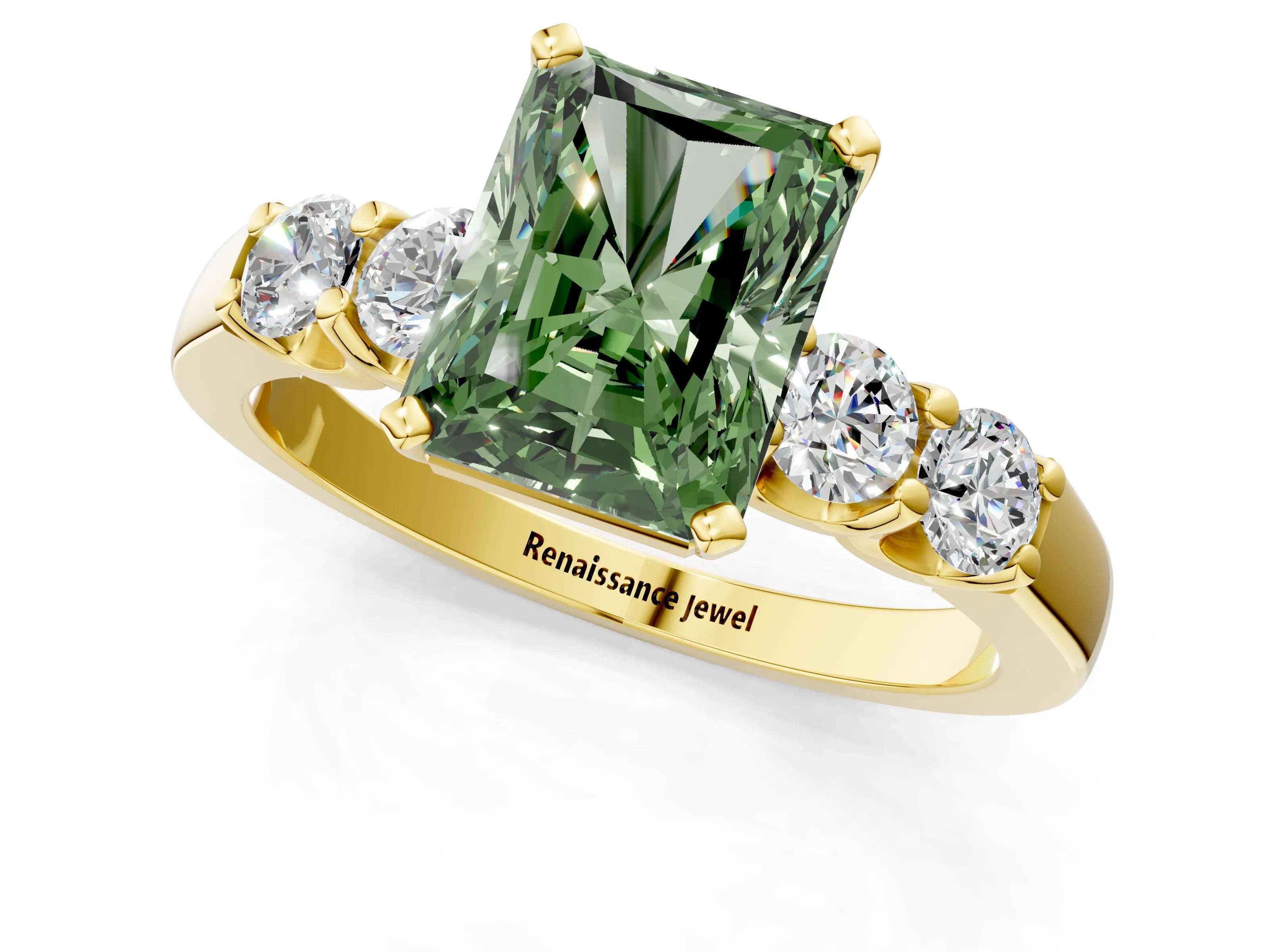 Yellow gold Fancy Green Radiant Cut Brilliant Diamond Five-Stone Engagement Ring with Prong Setting on a Classic Band_4