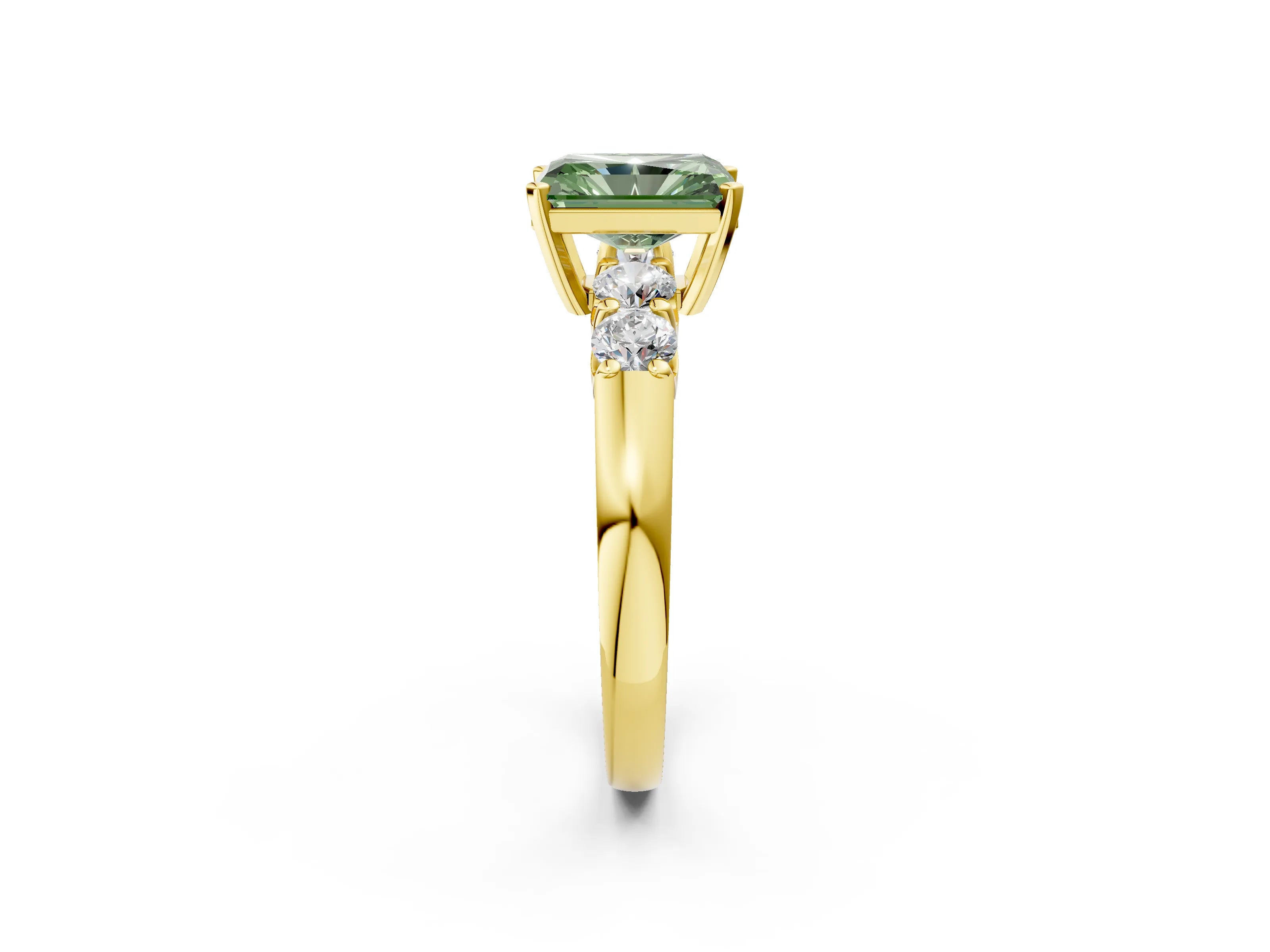Yellow gold Fancy Green Radiant Cut Brilliant Diamond Five-Stone Engagement Ring with Prong Setting on a Classic Band_5