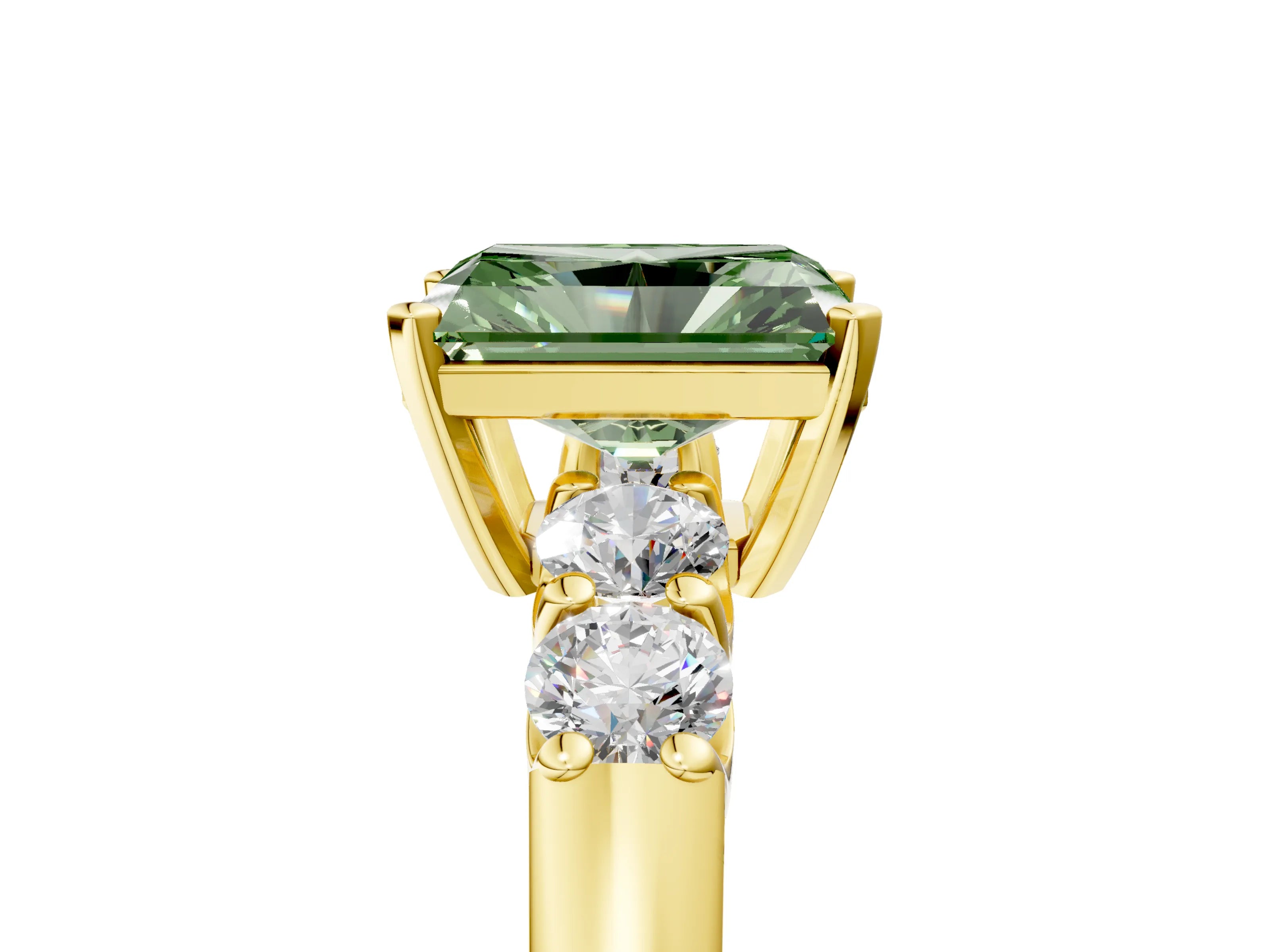 Yellow gold Fancy Green Radiant Cut Brilliant Diamond Five-Stone Engagement Ring with Prong Setting on a Classic Band_8