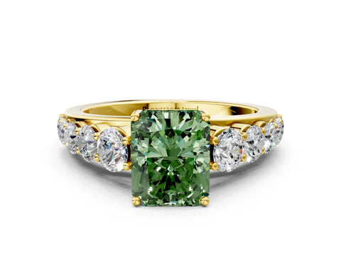 Yellow gold Fancy Green Radiant Cut Brilliant Diamond Pavé Band with Six-Prong Setting