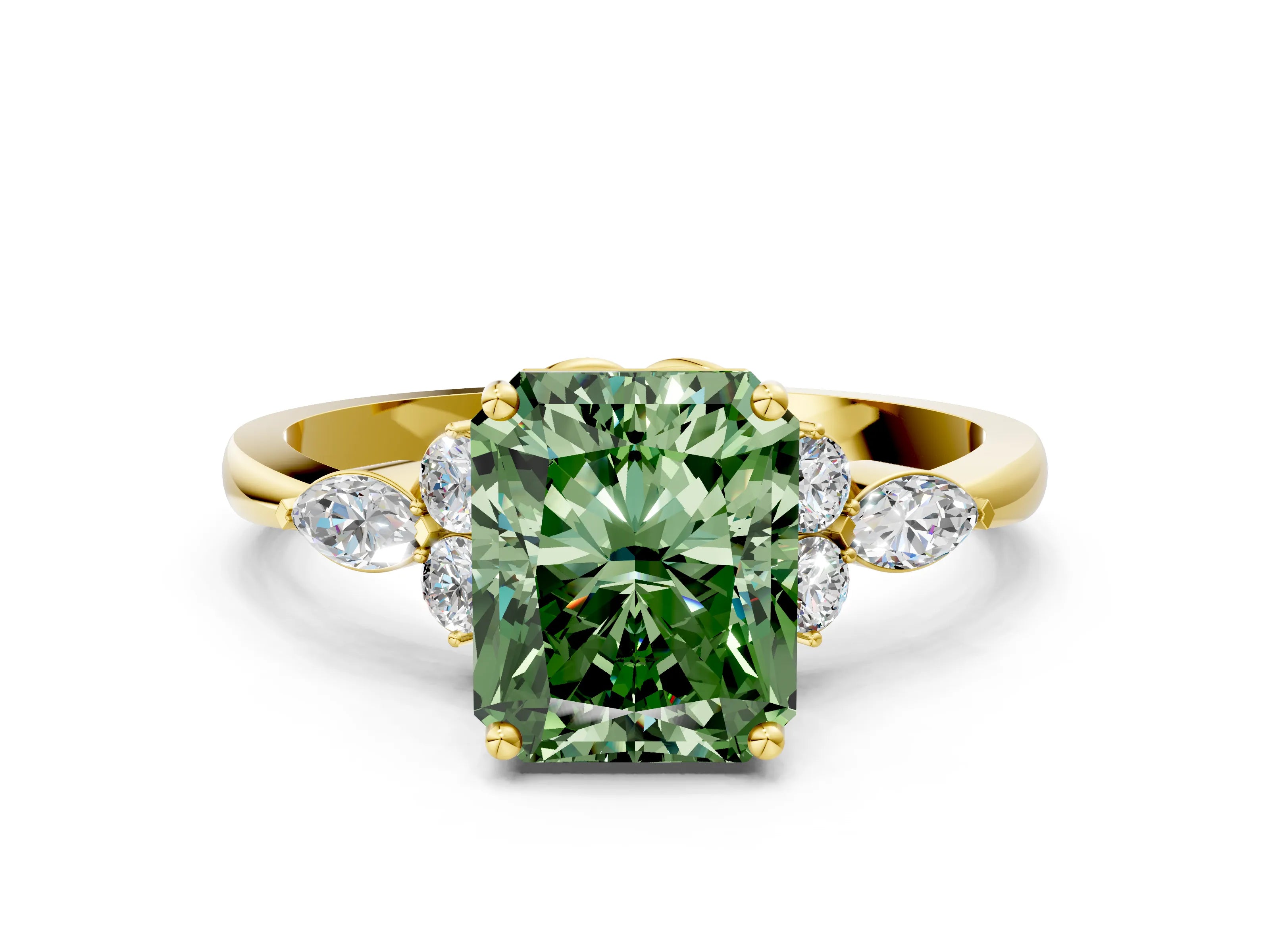 Yellow gold Fancy Green Radiant Cut Brilliant Diamond Solitaire Ring with Pear Side Stones and Four-Prong Setting_3