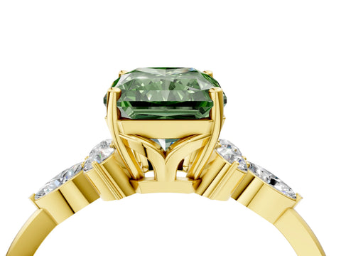 Yellow gold Fancy Green Radiant Cut Brilliant Diamond Solitaire Ring with Pear Side Stones and Four-Prong Setting_7