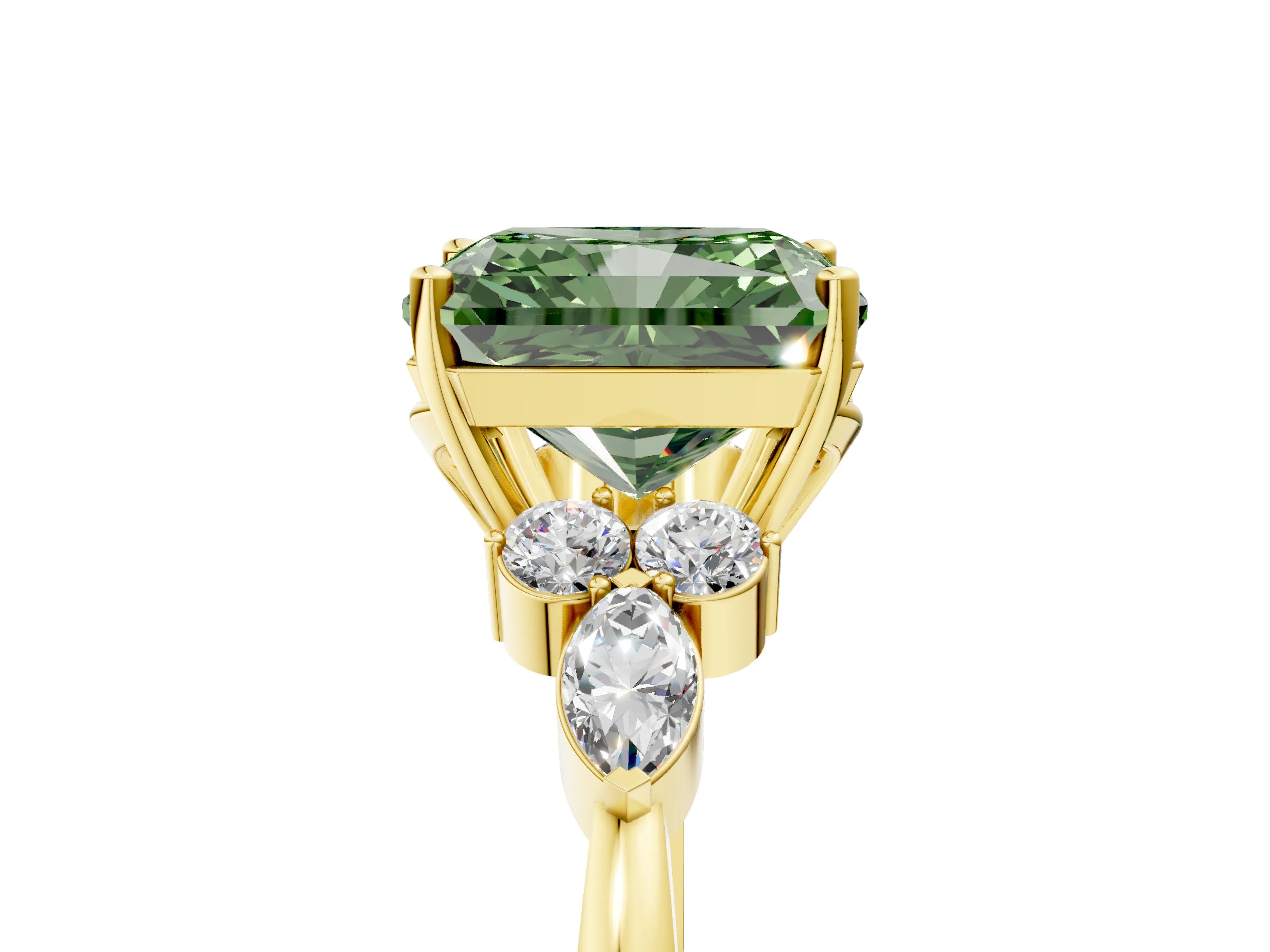 Yellow gold Fancy Green Radiant Cut Brilliant Diamond Solitaire Ring with Pear Side Stones and Four-Prong Setting_8
