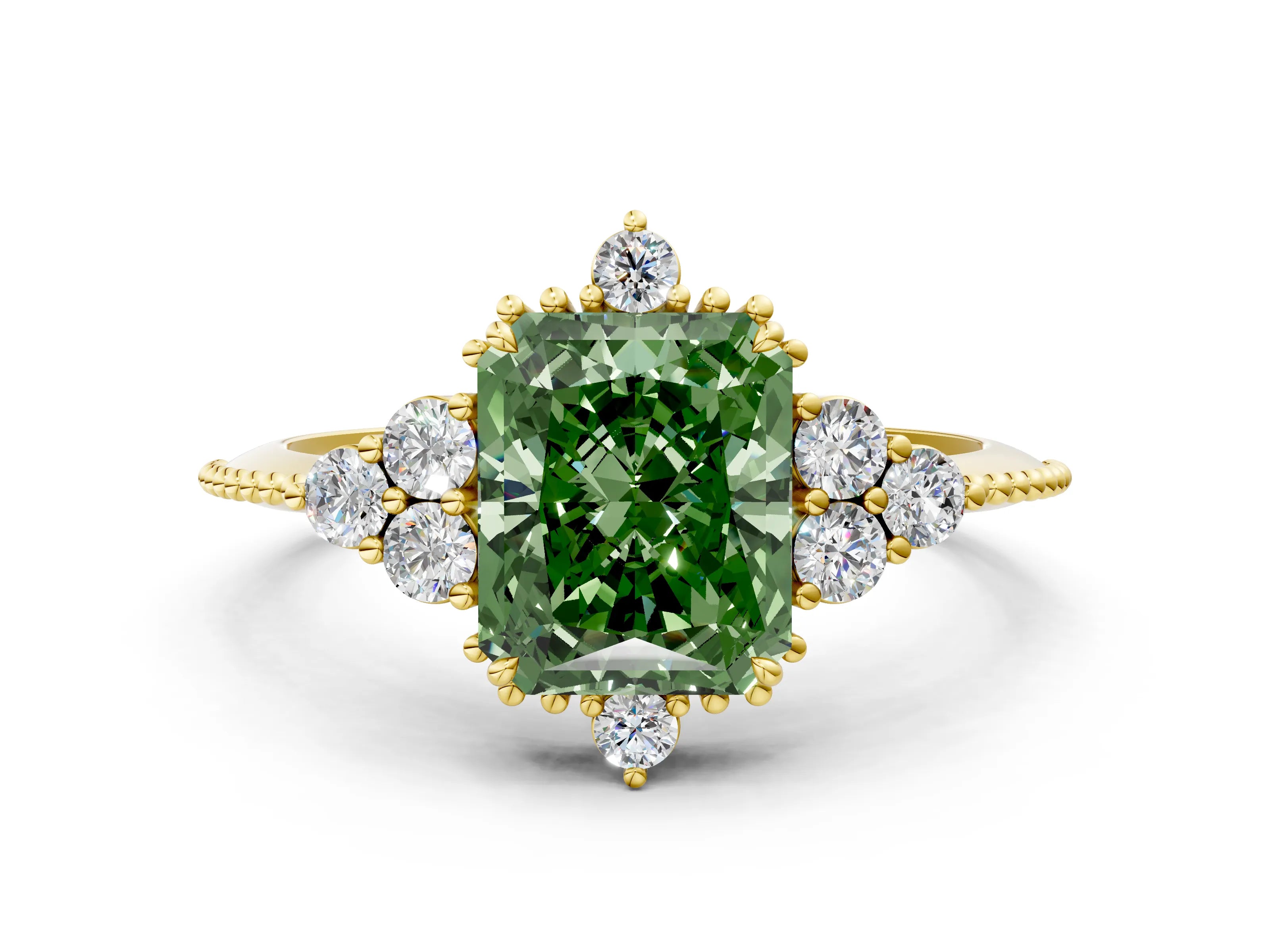 Yellow gold Fancy Green Radiant Cut Brilliant Diamond with Cluster Setting on a Beaded Band and Four-Prong Setting