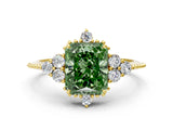 Yellow gold Fancy Green Radiant Cut Brilliant Diamond with Cluster Setting on a Beaded Band and Four-Prong Setting