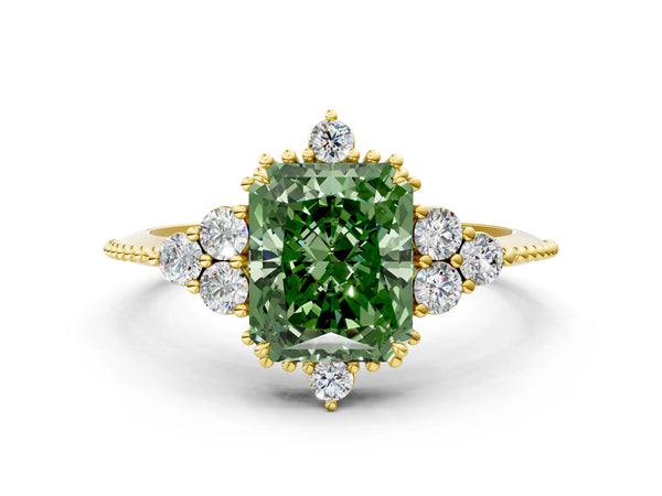 Yellow gold Fancy Green Radiant Cut Brilliant Diamond with Cluster Setting on a Beaded Band and Four-Prong Setting