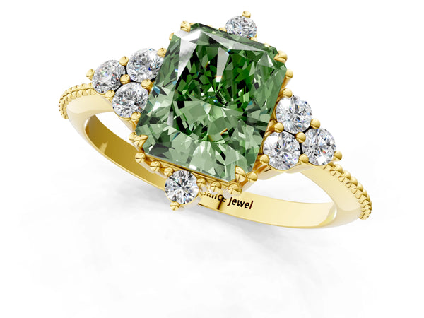 Yellow gold Fancy Green Radiant Cut Brilliant Diamond with Cluster Setting on a Beaded Band and Four-Prong Setting