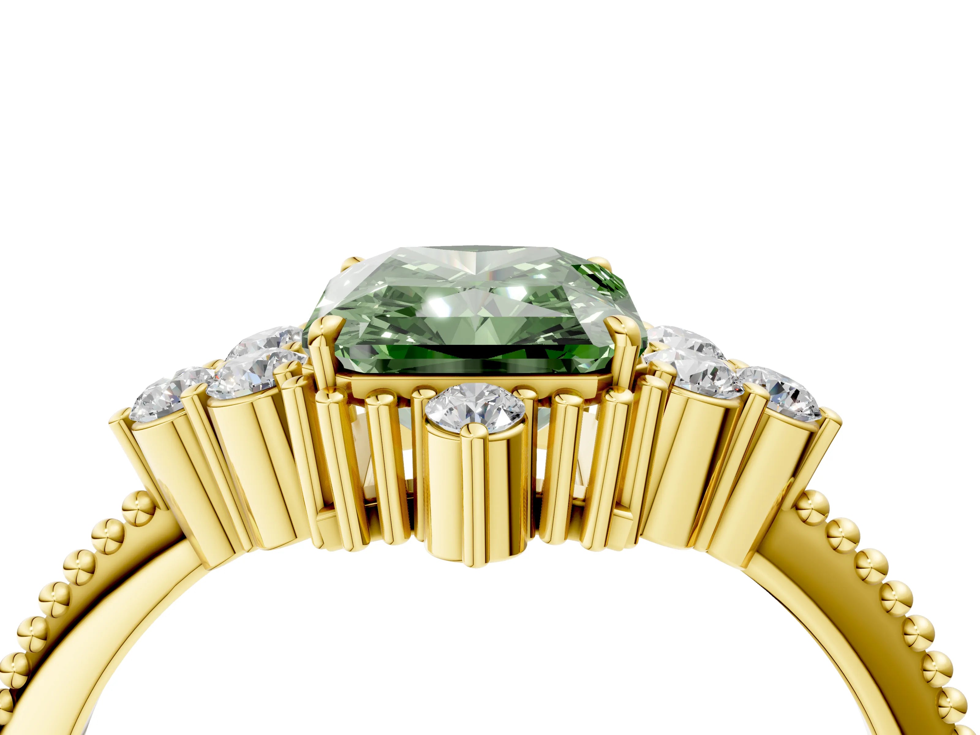 Yellow gold Fancy Green Radiant Cut Brilliant Diamond with Cluster Setting on a Beaded Band and Four-Prong Setting_4