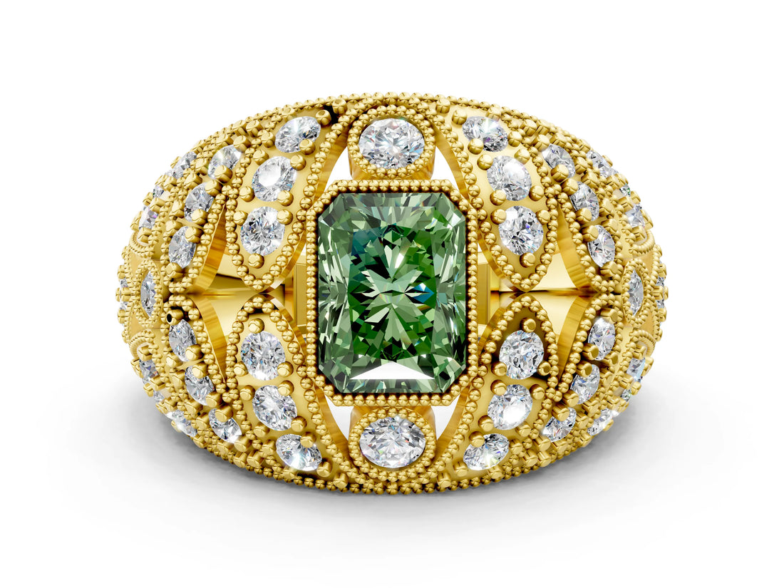 Yellow gold Fancy Green Radiant Cut Brilliant Halo Pave Diamond Milgrain Ring