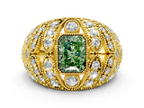 Yellow gold Fancy Green Radiant Cut Brilliant Halo Pave Diamond Milgrain Ring