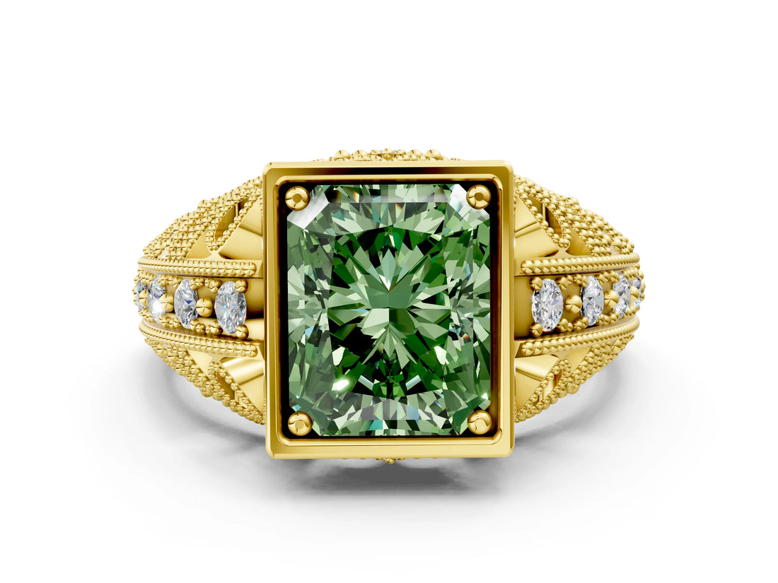 Yellow gold Fancy Green Radiant Cut Brilliant Milgrain Filigree Diamond Ring with Square Prong Setting