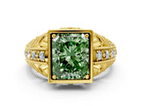 Yellow gold Fancy Green Radiant Cut Brilliant Milgrain Filigree Diamond Ring with Square Prong Setting