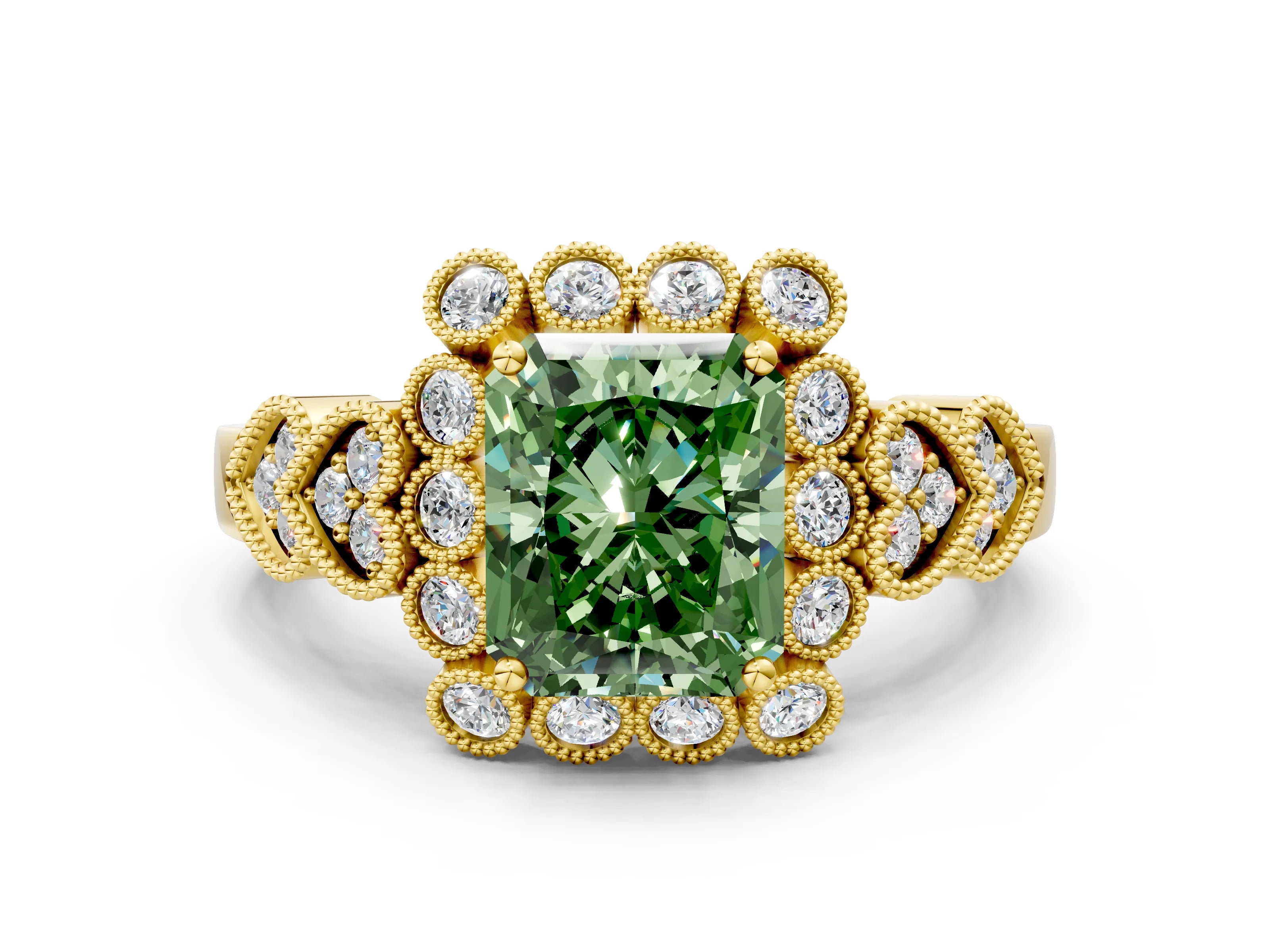 Yellow gold Fancy Green Radiant Cut Brilliant Milgrain Pave Heart Band Solitaire Ring