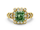 Yellow gold Fancy Green Radiant Cut Brilliant Milgrain Pave Heart Band Solitaire Ring