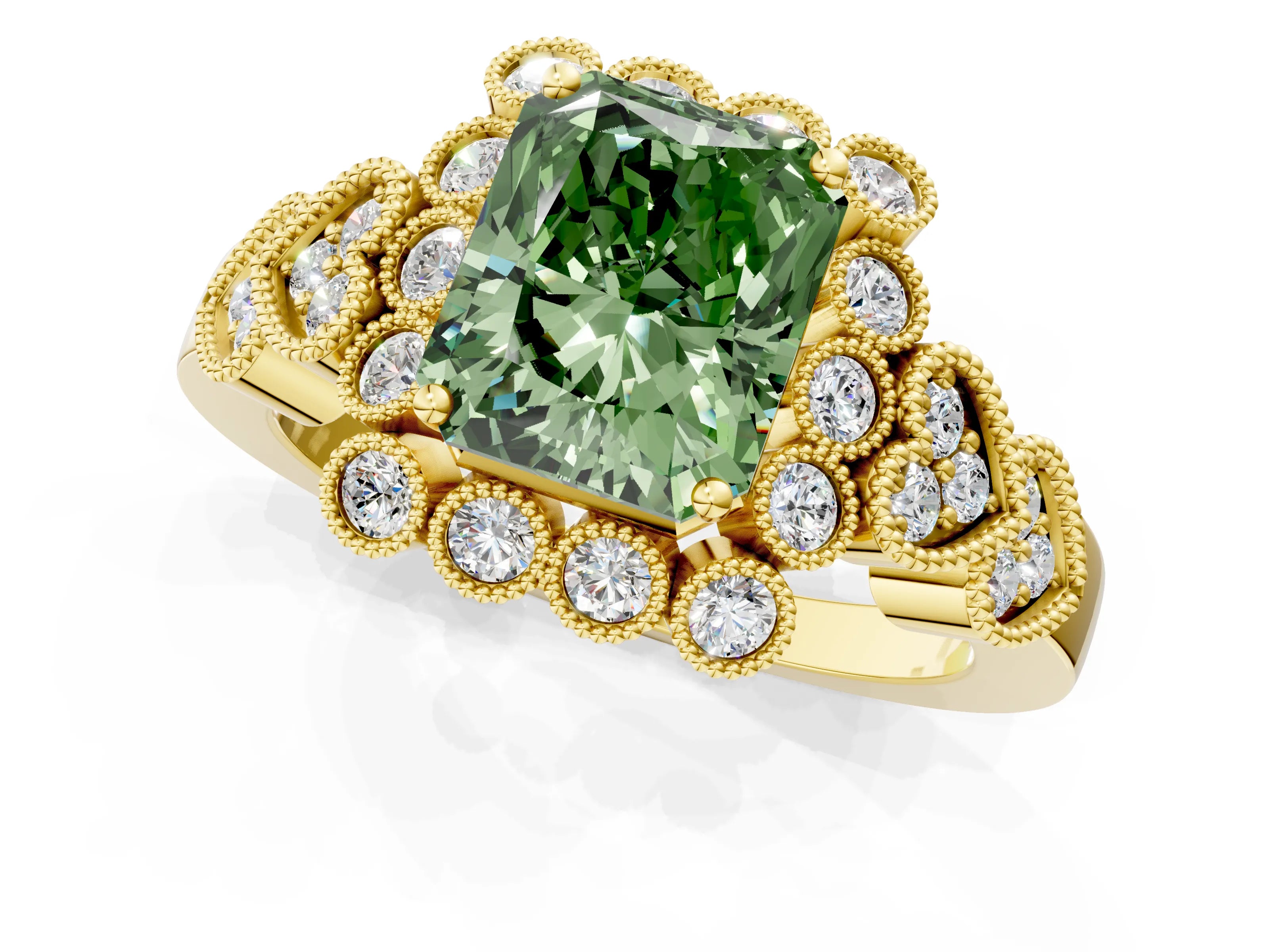 Yellow gold Fancy Green Radiant Cut Brilliant Milgrain Pave Heart Band Solitaire Ring_1