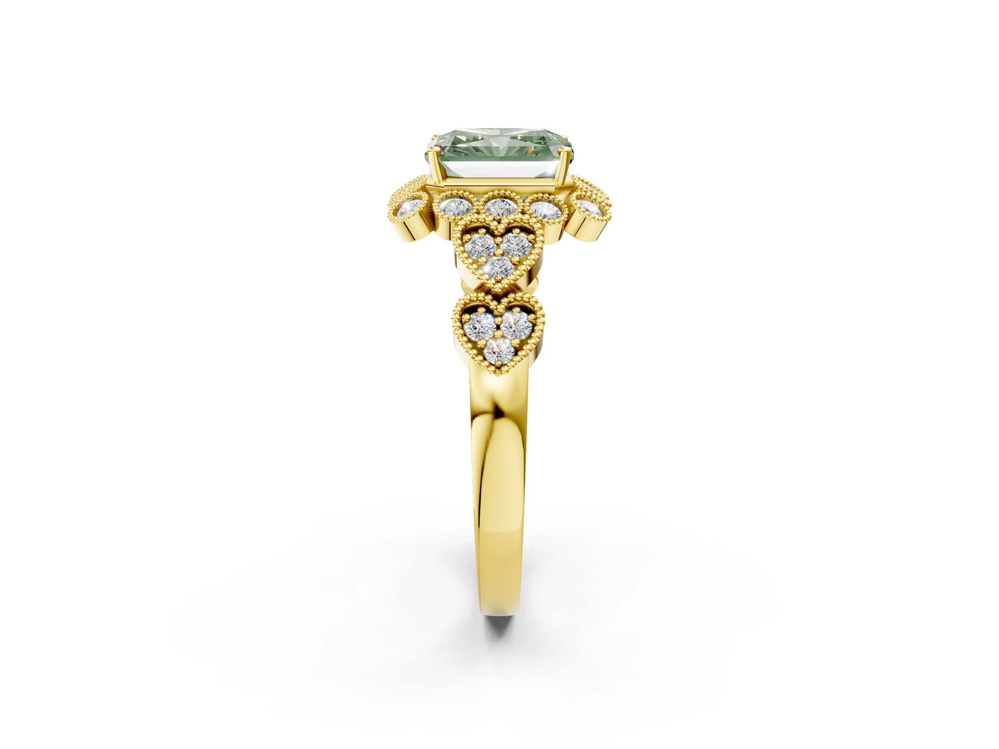 Yellow gold Fancy Green Radiant Cut Brilliant Milgrain Pave Heart Band Solitaire Ring_2