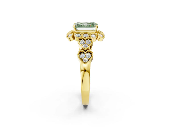 Yellow Gold Radiant Cut Milgrain Halo Engagement Ring Setting for Fancy Green Center