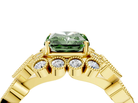 Yellow gold Fancy Green Radiant Cut Brilliant Milgrain Pave Heart Band Solitaire Ring_4