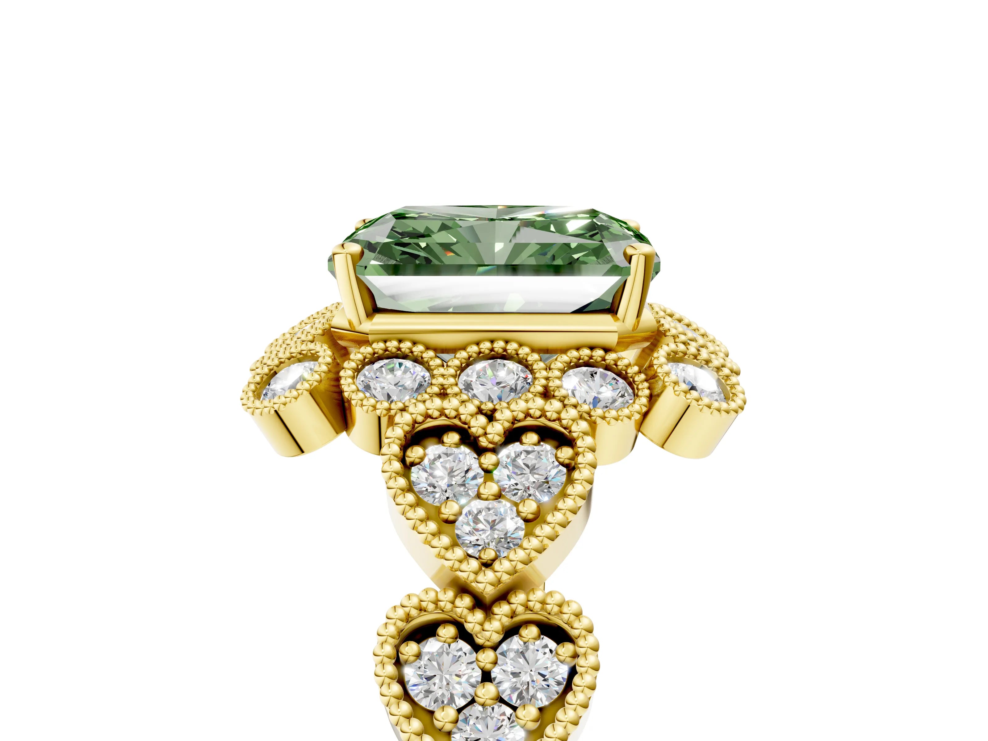 Yellow gold Fancy Green Radiant Cut Brilliant Milgrain Pave Heart Band Solitaire Ring_5