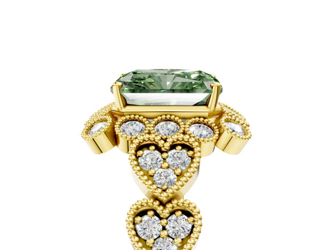 Yellow gold Fancy Green Radiant Cut Brilliant Milgrain Pave Heart Band Solitaire Ring_5