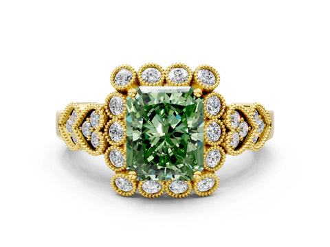 Yellow gold Fancy Green Radiant Cut Brilliant Milgrain Pave Heart Band Solitaire Ring