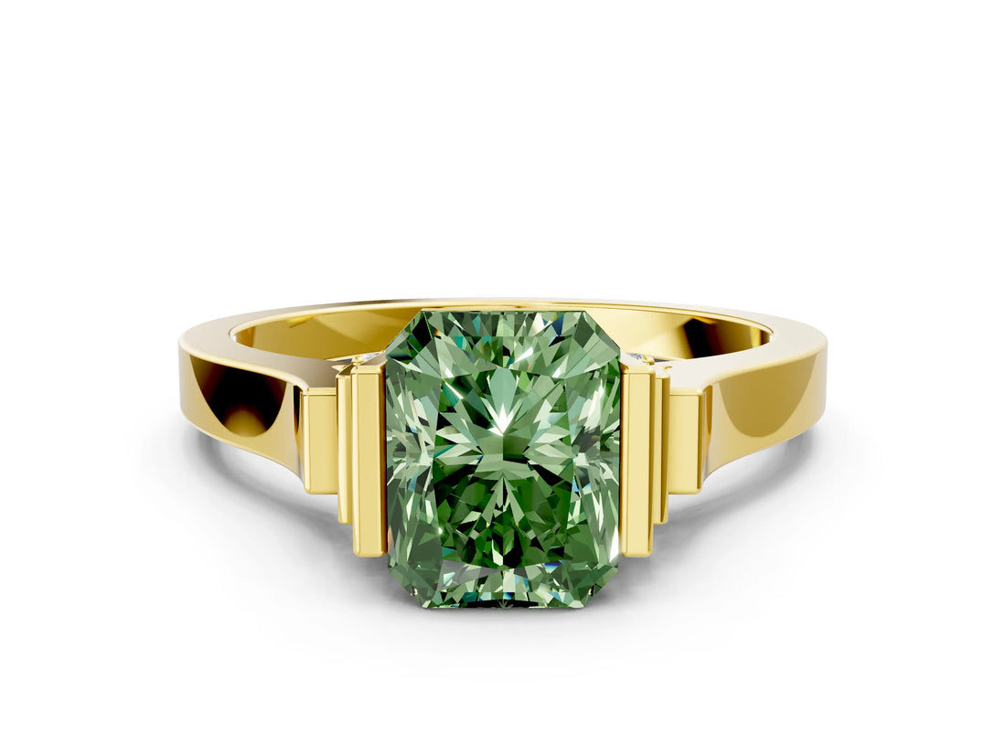 Yellow gold Fancy Green Radiant Cut Brilliant Solitaire Diamond Ring with Channel Set Band and Bar Prong Setting