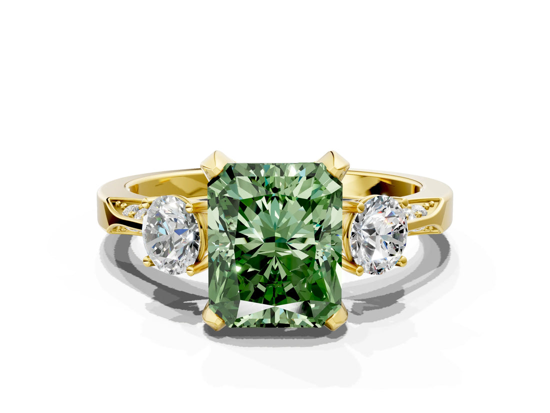 Yellow gold Fancy Green Radiant Cut Brilliant Three-Stone Diamond Ring with Pavé Band and Four-Prong Setting_3