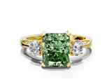 Yellow gold Fancy Green Radiant Cut Brilliant Three-Stone Diamond Ring with Pavé Band and Four-Prong Setting_3
