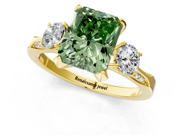 Yellow gold Fancy Green Radiant Cut Brilliant Three-Stone Diamond Ring with Pavé Band and Four-Prong Setting