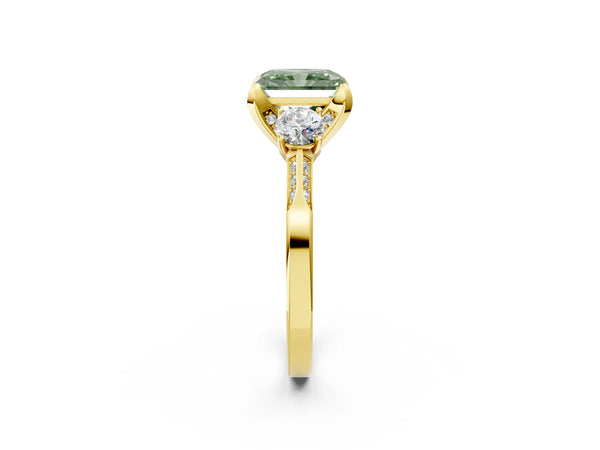 Yellow gold Fancy Green Radiant Cut Brilliant Three-Stone Diamond Ring with Pavé Band and Four-Prong Setting