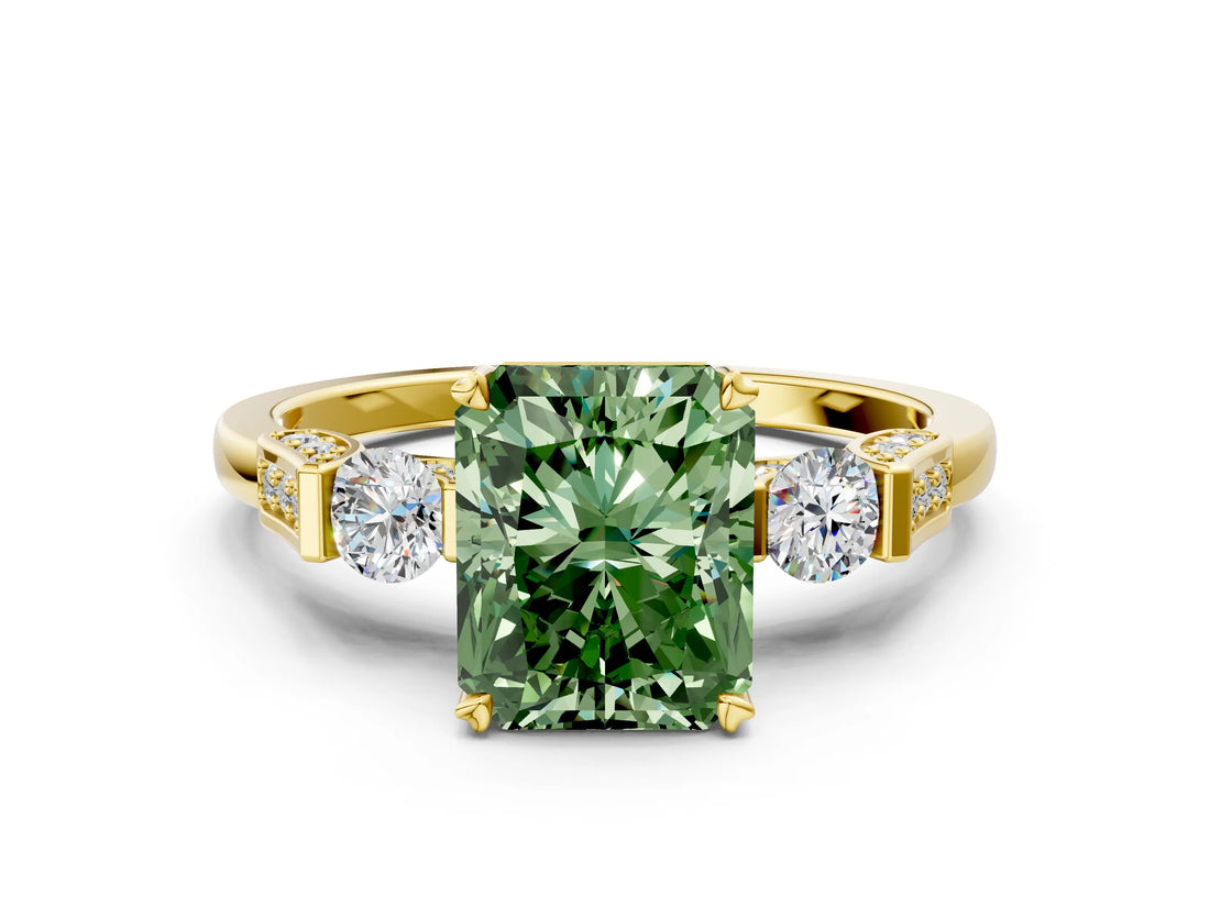 Yellow gold Fancy Green Radiant Cut Brilliant Three-Stone Pave Band with Four-Prong Setting