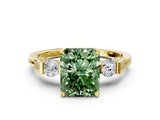 Yellow gold Fancy Green Radiant Cut Brilliant Three-Stone Pave Band with Four-Prong Setting