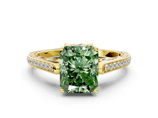 Yellow gold Fancy Green Radiant  Cut Cathedral Pave Diamond Engagement Ring with Six-Prong Setting