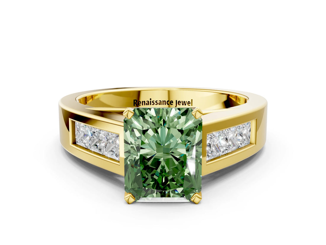 Yellow gold Fancy Green Radiant Cut Cut Channel Set Solitaire Ring with Four-Prong Setting