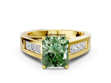 Yellow gold Fancy Green Radiant Cut Cut Channel Set Solitaire Ring with Four-Prong Setting