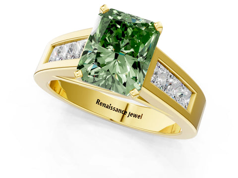 Yellow gold Fancy Green Radiant Cut Cut Channel Set Solitaire Ring with Four-Prong Setting_1