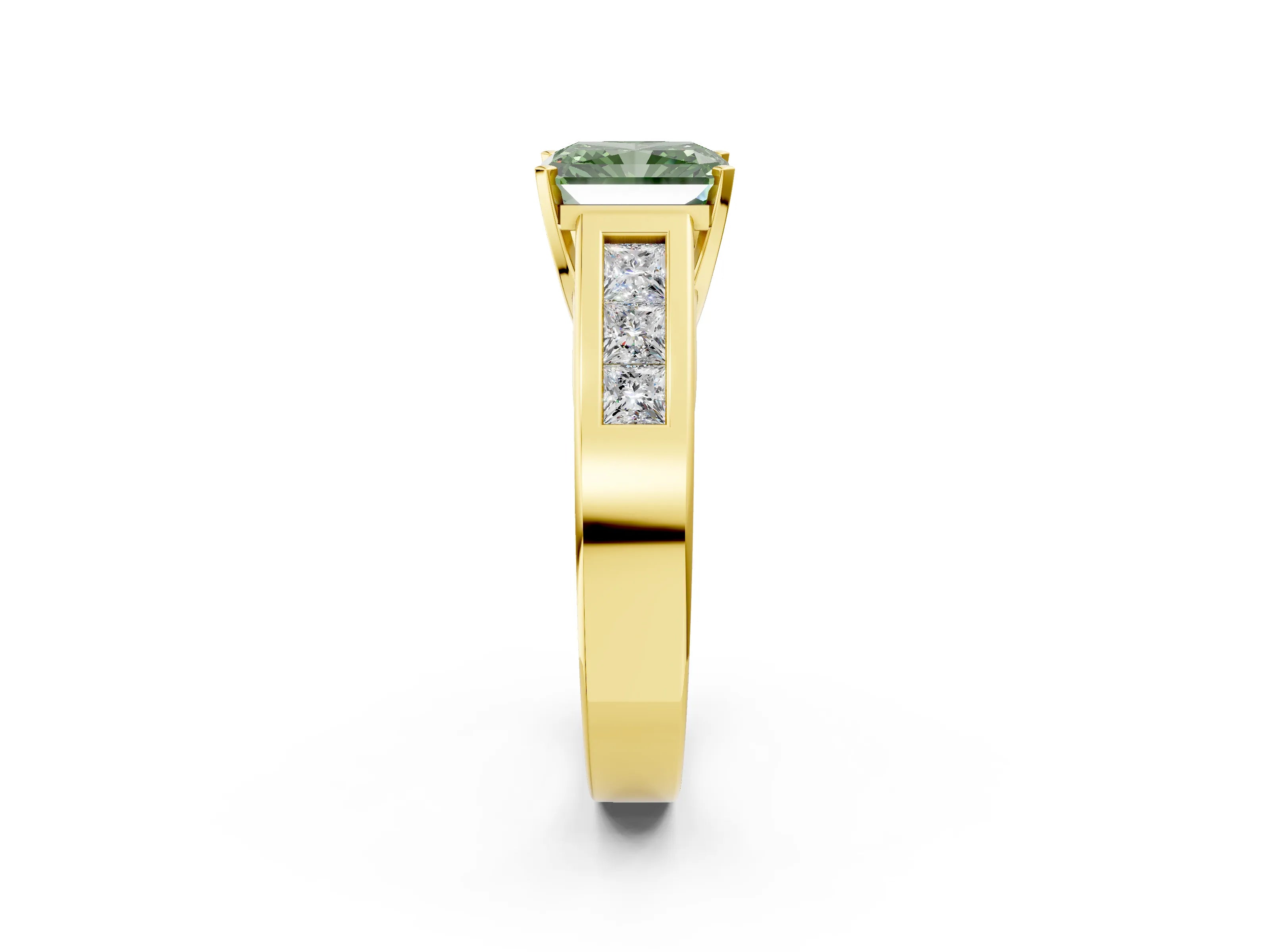 Yellow gold Fancy Green Radiant Cut Cut Channel Set Solitaire Ring with Four-Prong Setting_2
