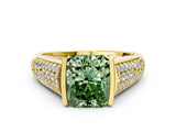 Yellow gold Fancy Green Radiant Cut Cut Diamond Channel Set Pave Band with Tension Prong Setting