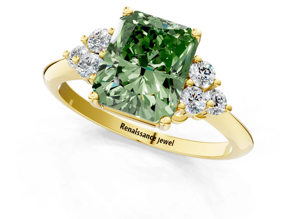 Yellow gold Fancy Green Radiant Cut Cut Diamond Cluster Ring with Solitaire Band and Four-Prong Setting