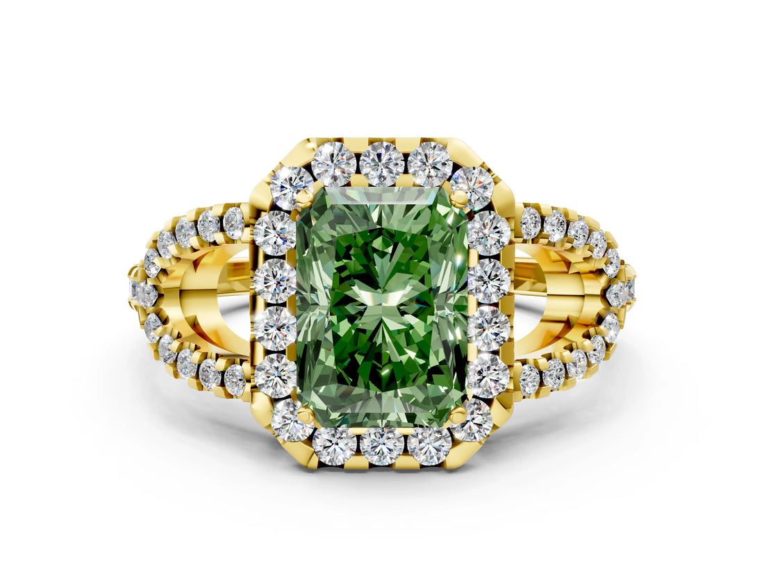 Yellow gold Fancy Green Radiant Cut Cut Diamond Halo Engagement Ring with Open Split Pavé Band