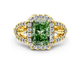 Yellow gold Fancy Green Radiant Cut Cut Diamond Halo Engagement Ring with Open Split Pavé Band
