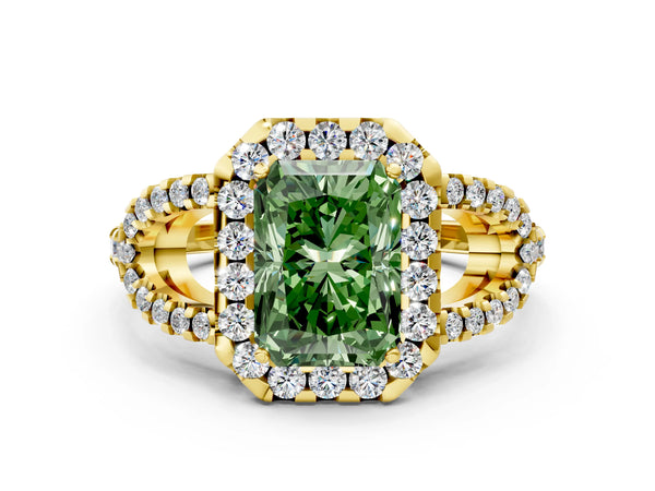 Yellow Gold Radiant Cut Split Shank Pave Halo Engagement Ring Setting for Fancy Green Center