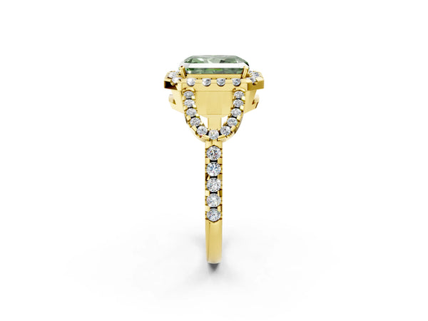 Yellow Gold Radiant Cut Split Shank Pave Halo Engagement Ring Setting for Fancy Green Center