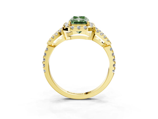 Yellow Gold Radiant Cut Split Shank Pave Halo Engagement Ring Setting for Fancy Green Center