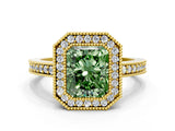 Yellow gold Fancy Green Radiant Cut-Cut Diamond Halo Engagement Ring with Pave Band and Prong Setting