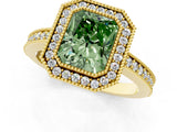 Yellow gold Fancy Green Radiant Cut-Cut Diamond Halo Engagement Ring with Pave Band and Prong Setting_1