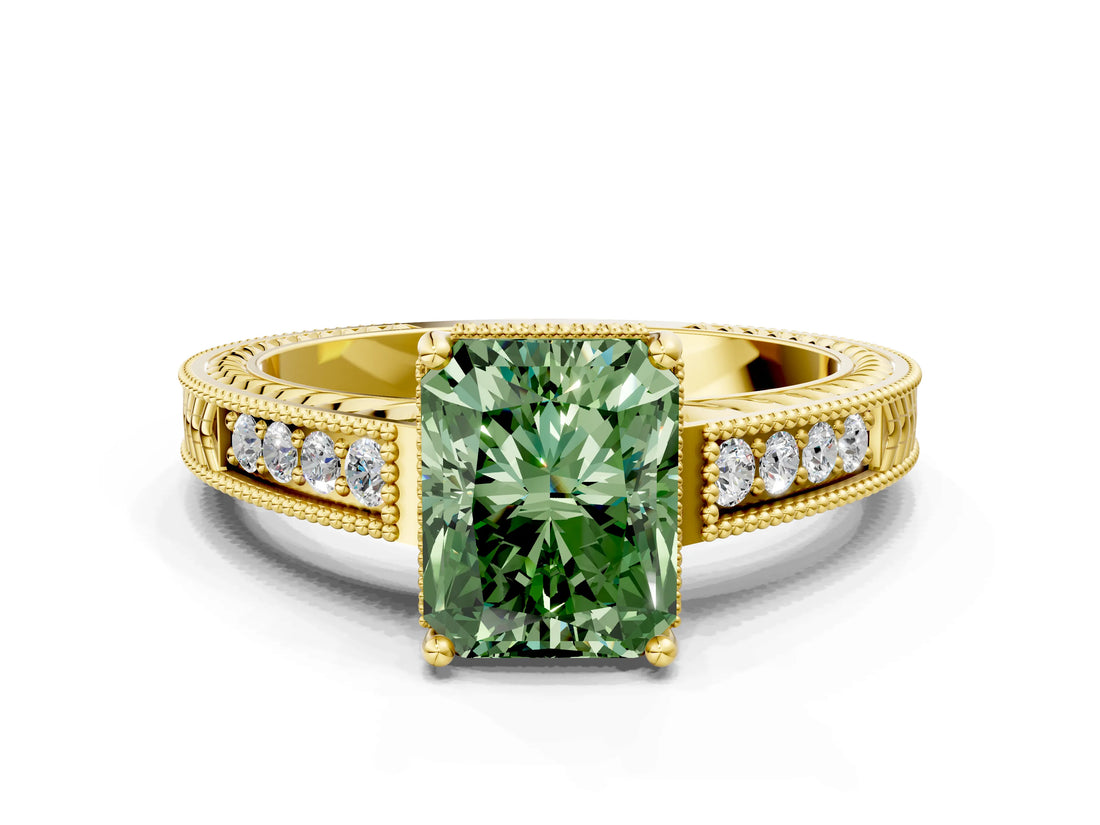 Yellow gold Fancy Green Radiant Cut Cut Diamond Milgrain Pave Band Four-Prong Setting Ring_3