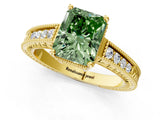 Yellow gold Fancy Green Radiant Cut Cut Diamond Milgrain Pave Band Four-Prong Setting Ring_4